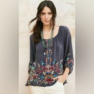 Johnny Was Graphite Sarah Scoop Neck Embroidered Georgette Top Blouse Boho XS